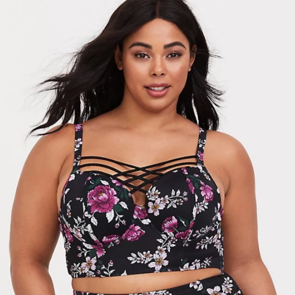TORRID Black Floral Strappy PushUp Balconette Longline Bikini Top Plus Size 6/30